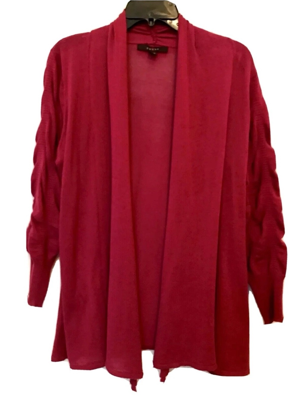 Fever Womens Medium Berry Flyaway Open Ruched Long Sleeve Lightweight Cardigan